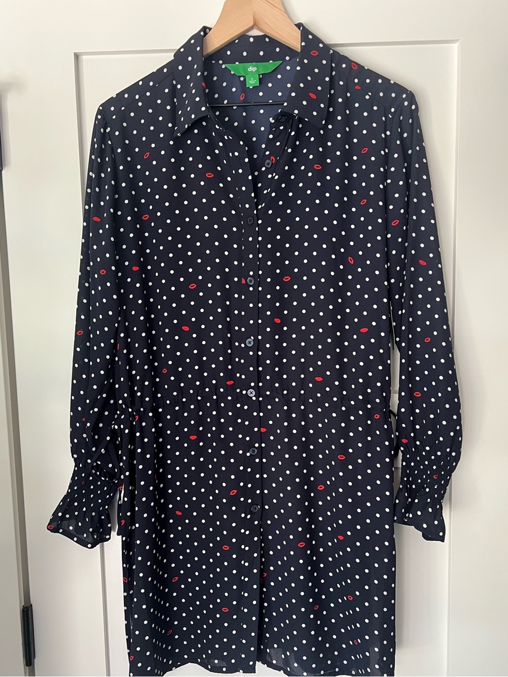 NEW DIP Navy Polka Dot Red Lips Side Slit Tunic Top L